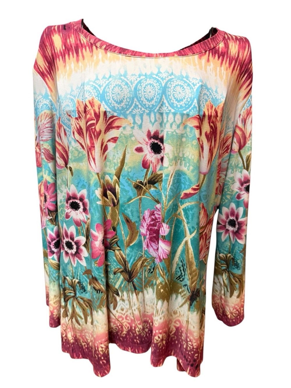 Floral Watercolor Long-Sleeve Scoop Neck Top - Teal & Pink XL - Picture 4 of 7